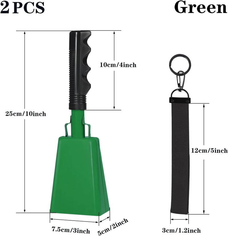 HEYLEAYAR 10Inch Cowbells with Handle for Sporting Events, 2Pcs Large Cow Bells with Wrist Straps, Loud Noise Makers for Cheering Football Games Spirit Marathon Weddings Party Noisemakers, Green - Image 2